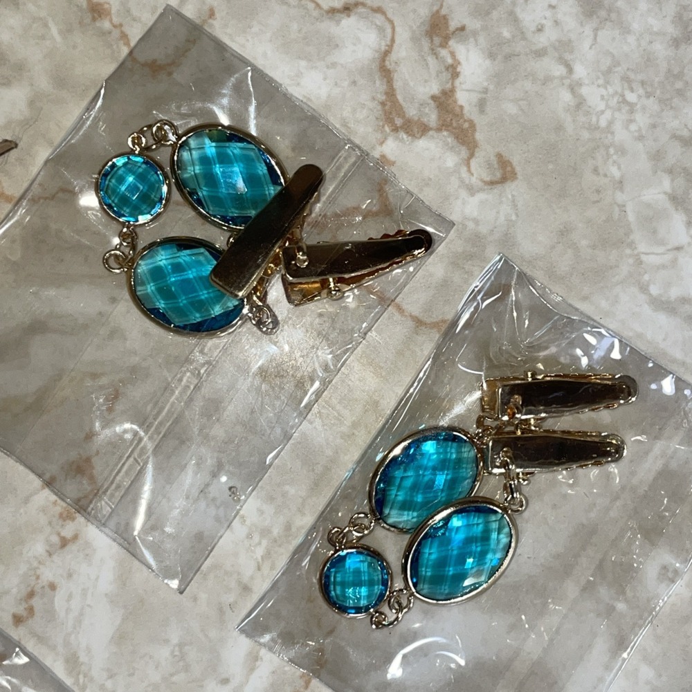 Cardigan Sweater Clips NIB Blue Jewel on Gold Tone Metal